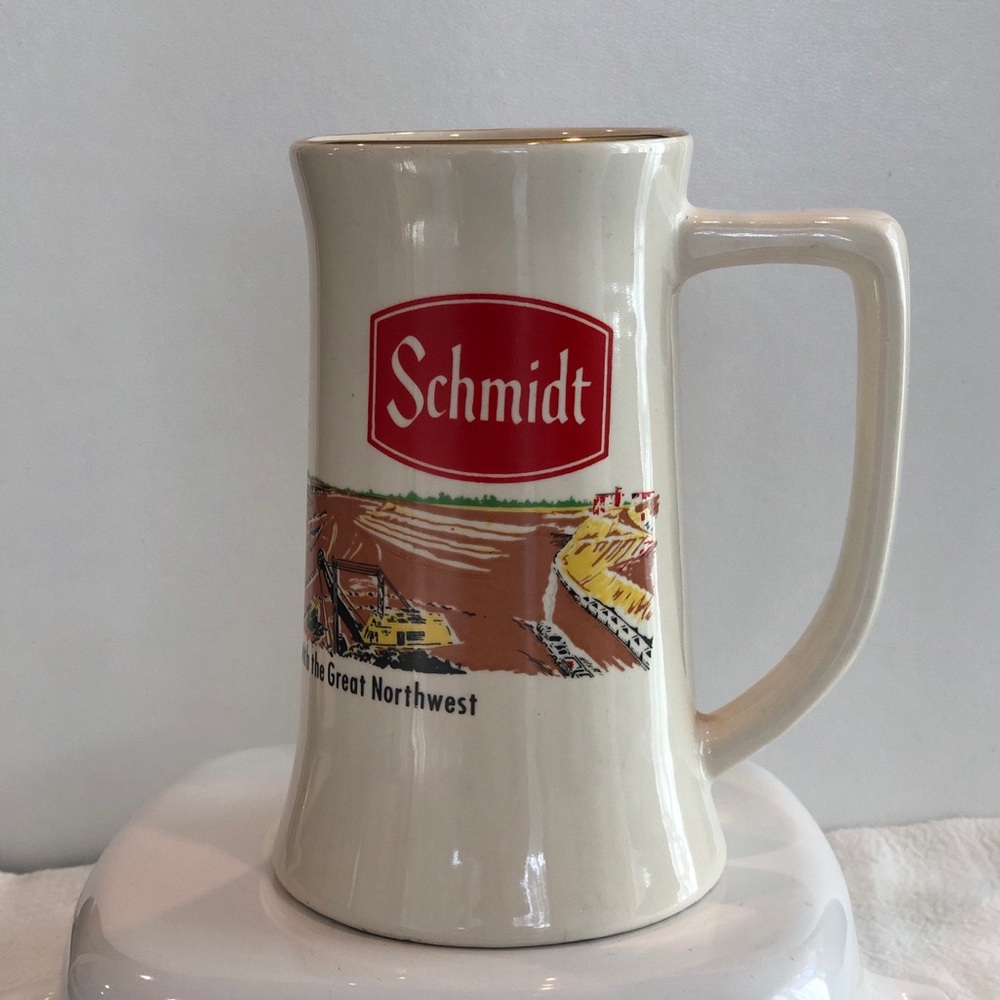 Vintage Schmidt Ceramic Beer Stein Mug in Cream with Red Logo